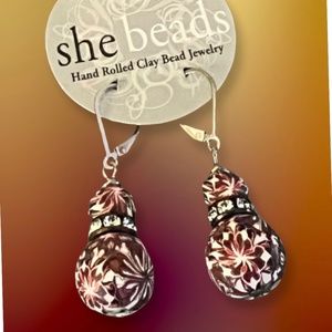 Hand Rolled Clay-Bead Pierced Earrings with Crystals